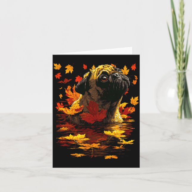 Carte Adorable Pug Avec Feuilles de Forêt Chien d'Automn (Devant)