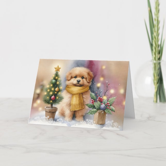 Carte Adorable Puppy with Yellow Scarf & Christmas Tree (Devant)