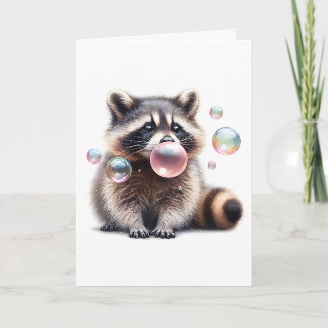 Carte Adorable Raccoon soufflant Bubble Gum Blank Saluta (Devant)
