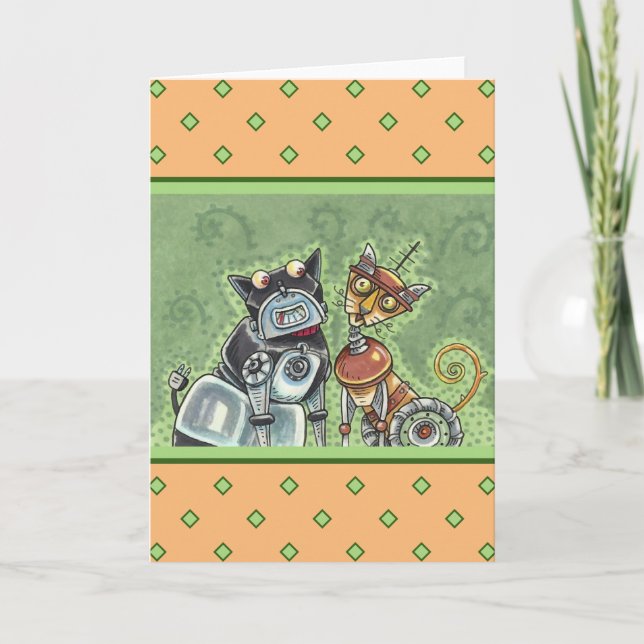Carte ADORABLE ROBOT BULLDOG & FELINE AMI Funny Blank (Devant)