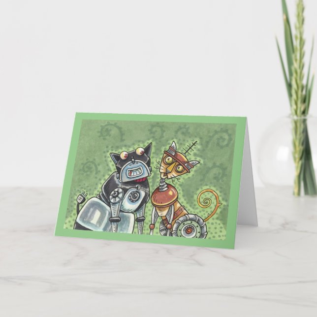 Carte ADORABLE ROBOT BULLDOG & FELINE AMI Funny Blank (Devant)