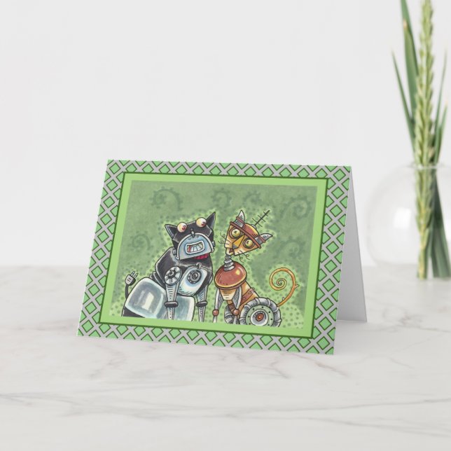 Carte ADORABLE ROBOT BULLDOG & FELINE AMI Funny Blank (Devant)