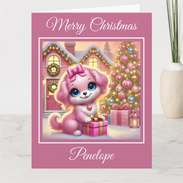 Carte Adorable rose chiot dans un chalet de Noël (Devant)