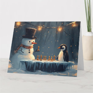 Carte Adorable Snowman et Penguin Jouer aux échecs