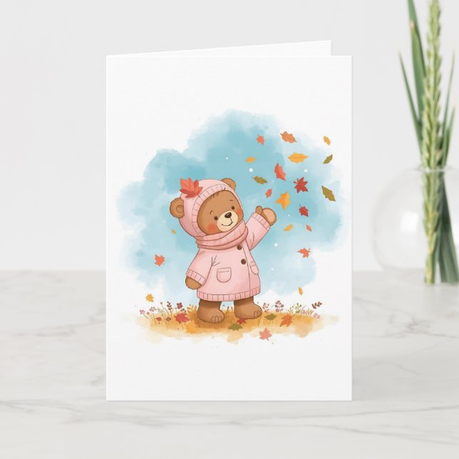 Carte Adorable Teddy Bear Girl Catching Feuilles d'autom (Devant)