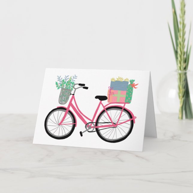 Carte adorable Vélo de Noël mignon Pink Fêtes Noël (Devant)