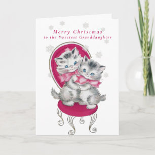 Carte Adorables chatons à l'arc rose et flocons de neige