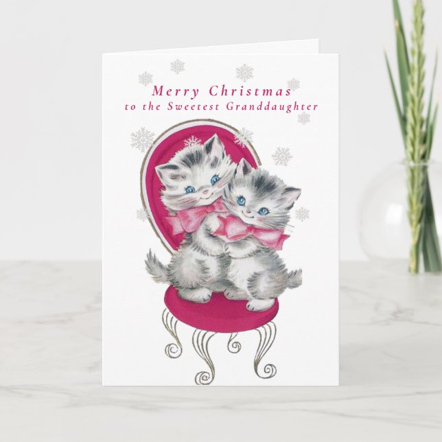 Carte Adorables chatons à l'arc rose et flocons de neige (Devant)