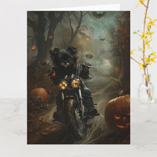 Carte Affenpinscher à moto Halloween effrayant (Fleur jaune)