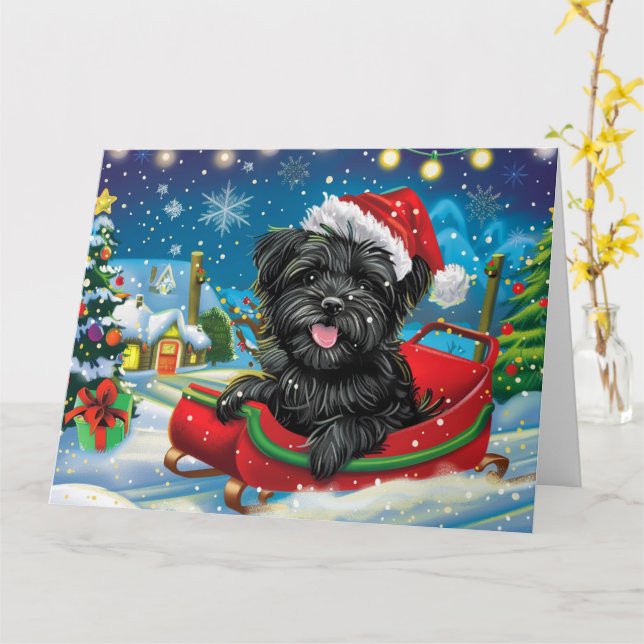 Carte Affenpinscher à Sleigh Snow Christmas (Fleur jaune)