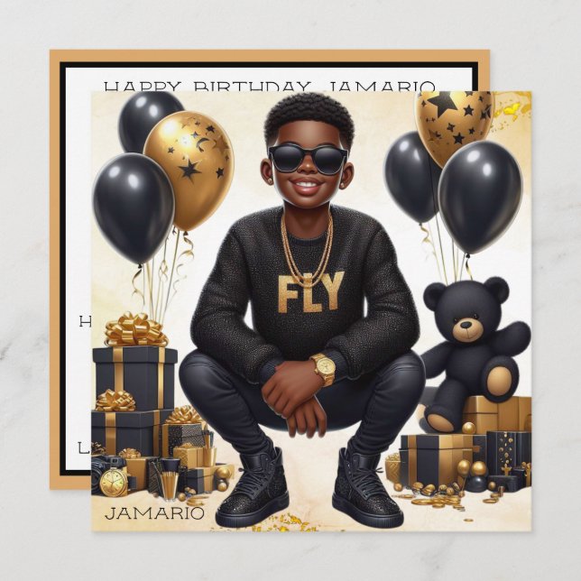 Carte African American Boy Black/Gold Anniversaire éléga (Devant / Derrière)