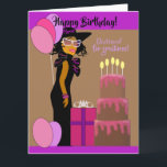 Carte African American Daughter & Cake<br><div class="desc">Cette carte présente une fille afro-américaine élégante avec robe noire,  casquette et lunettes. Obtenez cette carte mignonne pour votre fille.</div>