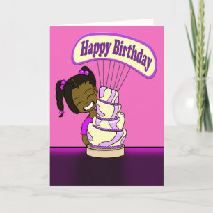 Carte African American Girl and Cake Birthday