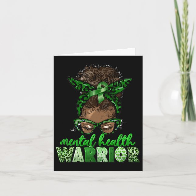 Carte Afro Messy Bun Leopard Green Ribbon Santé mentale (Devant)