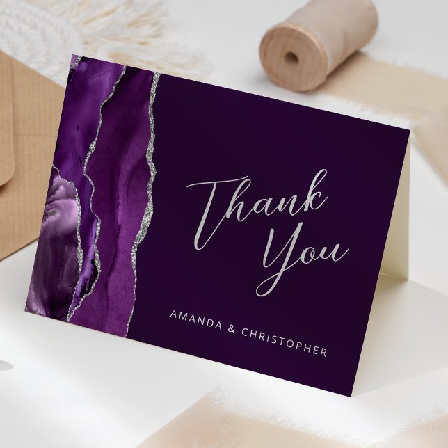 Carte Agate d'argent violet Script de Mariage Merci de p (Créateur téléchargé)