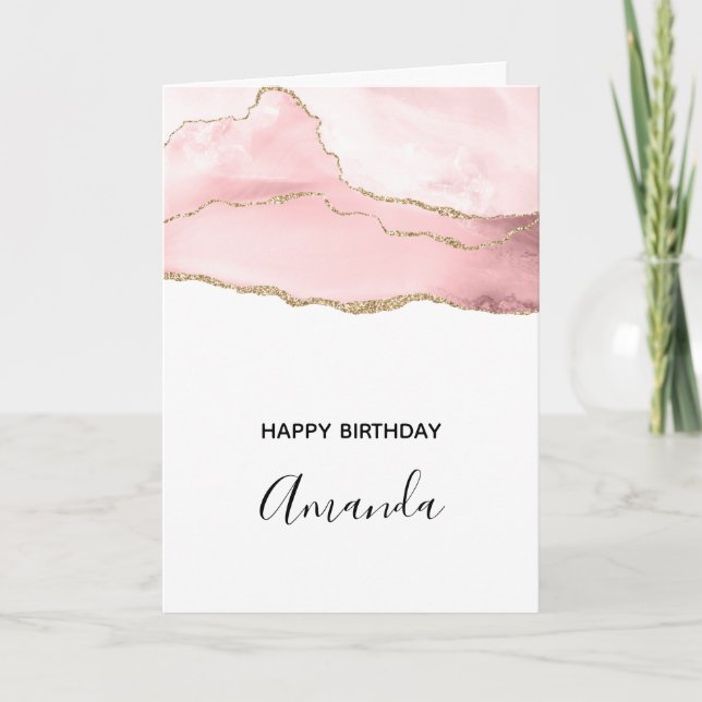 Carte Agate Rose Blush avec Ruban Doré Élégant Anniversa (Devant)