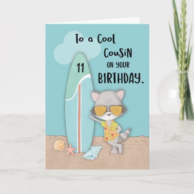 Carte Âge 11 Cousin Anniversaire Plage Amusante Cool Rac (Devant)
