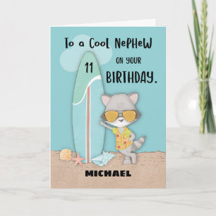Carte Âge 11 Nephew Birthday Beach Funny Cool Raccoon