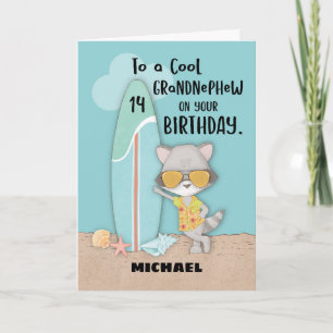 Carte Âge 14 Grand neveu Anniversaire Plage Funny Raccoo