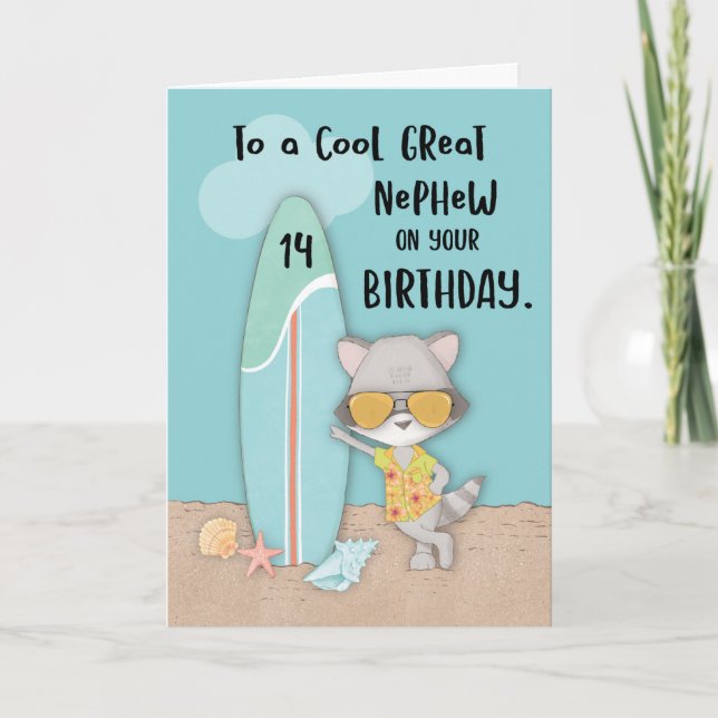 Carte Âge 14 Great Nephew Anniversaire Plage Funny Racco (Devant)