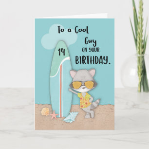Carte Âge 14 Guy Anniversaire Plage Amusante Cool Raccoo
