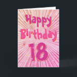 Carte Age 18 Fun 3D Rose Candy 18th Birthday Card<br><div class="desc">Age 18 Fun 3D Rose Candy 18th Birthday Card. Lignes radiales d'effet 3D de couleur rose vif design motif en rose, violet et rouge avec texte d'anniversaire heureux, numéro 18 et étoiles. Texte intérieur : "Je vous souhaite un très heureux 18ème anniversaire", Personnalisez le texte intérieur si vous le souhaitez....</div>