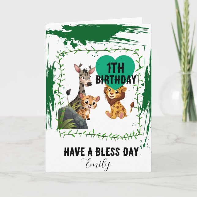 Carte Age 1 green Jungle animals birthday  (Devant)
