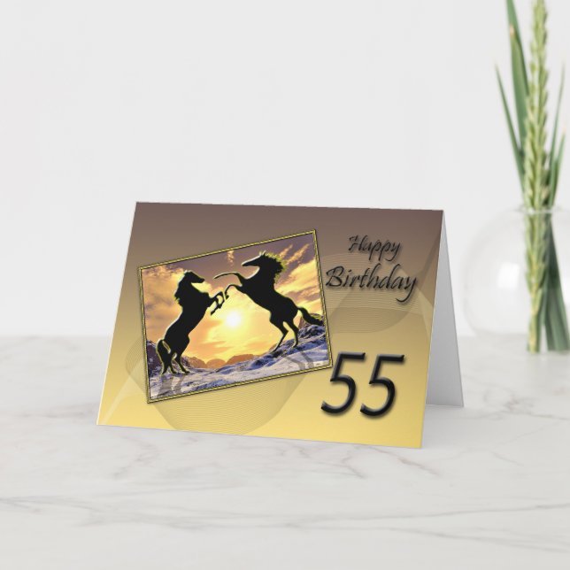 Carte Age 55, Birthday card with rearing horses (Devant)