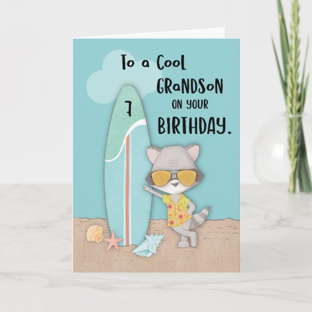 Carte Âge 7 Grand-fils Anniversaire Plage Amusante Cool  (Devant)