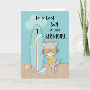Carte Âge 7 Son Anniversaire Plage Amusant Cool Raccoon