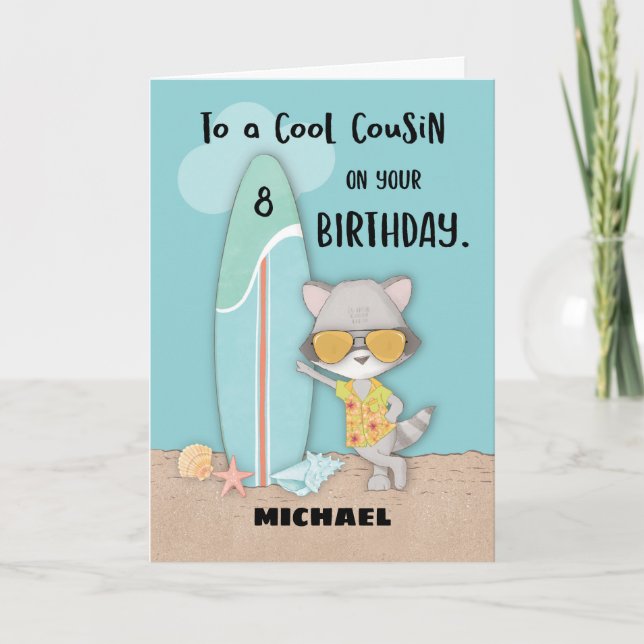 Carte Âge 8 Cousin Anniversaire Plage Amusant Cool Racco (Devant)