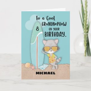Carte Âge 8 Grand neveu Anniversaire Plage Funny Raccoon