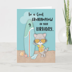 Carte Âge 9 Grand neveu Anniversaire Plage Funny Raccoon