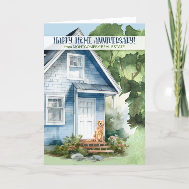 Carte Agent immobilier anniversaire maison bleue et chie (Devant)