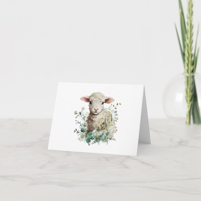 Carte Agneau de bébé adorable avec fleurs BLANC (Devant)