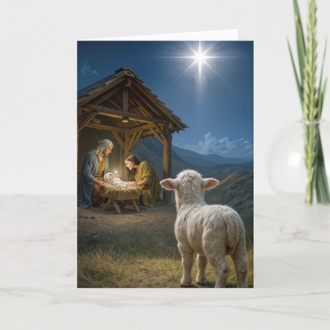 Carte Agneau de Noël regardant la crèche (Devant)