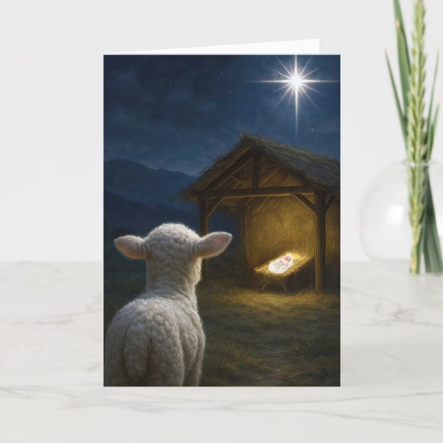 Carte Agneau de Noël regardant l'Enfant Jésus (Devant)