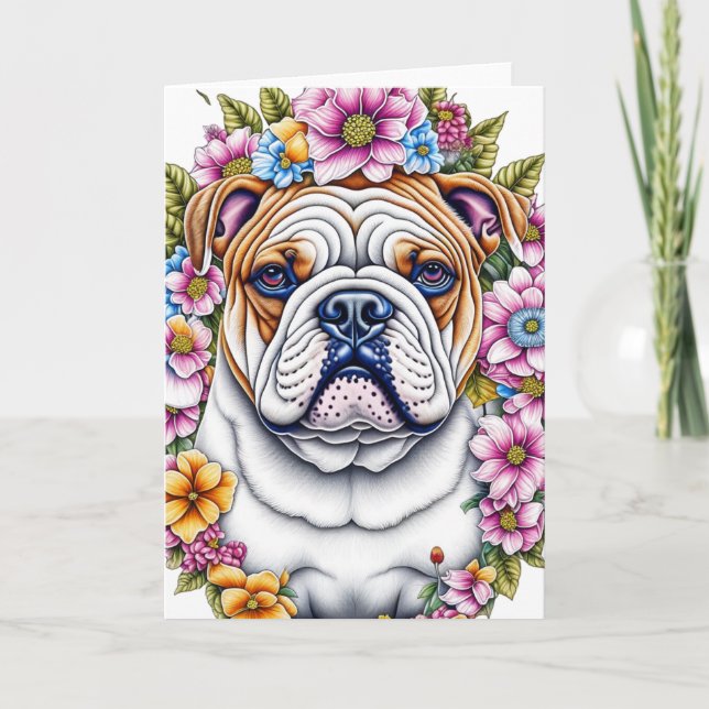 Carte Ai Art Bulldog entouré de fleurs lunaires (Devant)