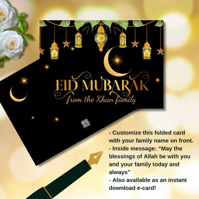Carte Aïd Moubarak Élégante Lanternes noires en or + Lun (An elegant "Eid Mubarak" black + gold card, featuring lanterns, stars and a crescent moon.)