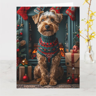 Carte Airedale Chien Avec Les Cadeaux De Noël Cheminée