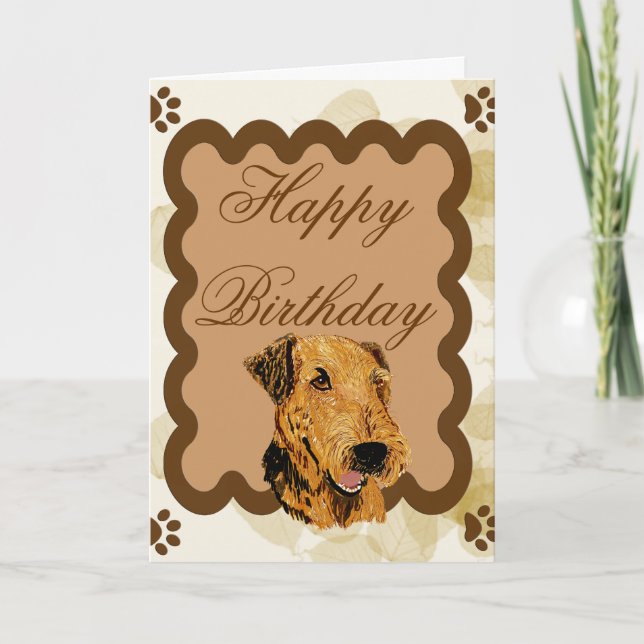 Carte Airedale Terrier ~ Anniversaire Tan Feuilles (Devant)