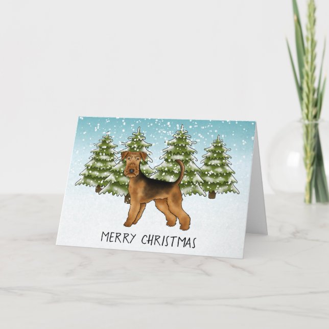 Carte Airedale Terrier Chien Snowy Winter Forest Festive (Devant)