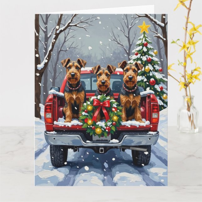 Carte Airedale Terrier Christmas Red Truck Holiday (Fleur jaune)