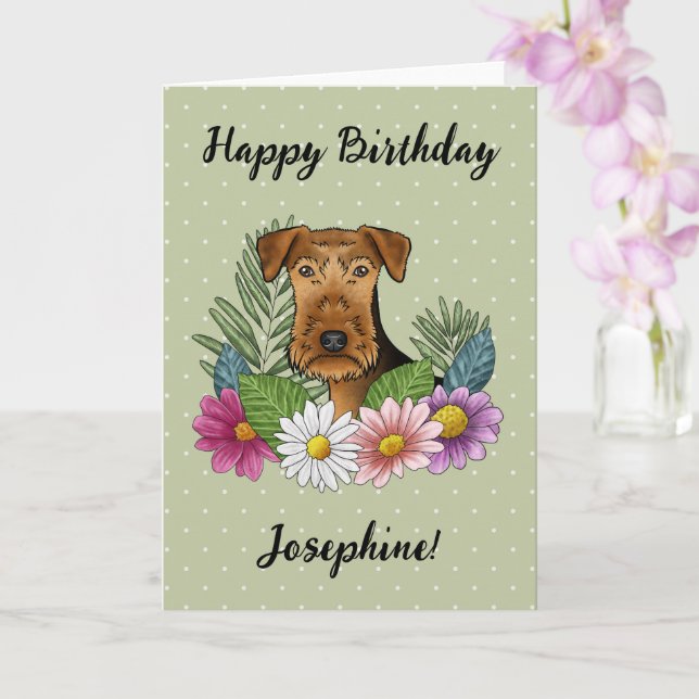 Carte Airedale Terrier Colorful Floral Joyeux Anniversai (Orchidée)