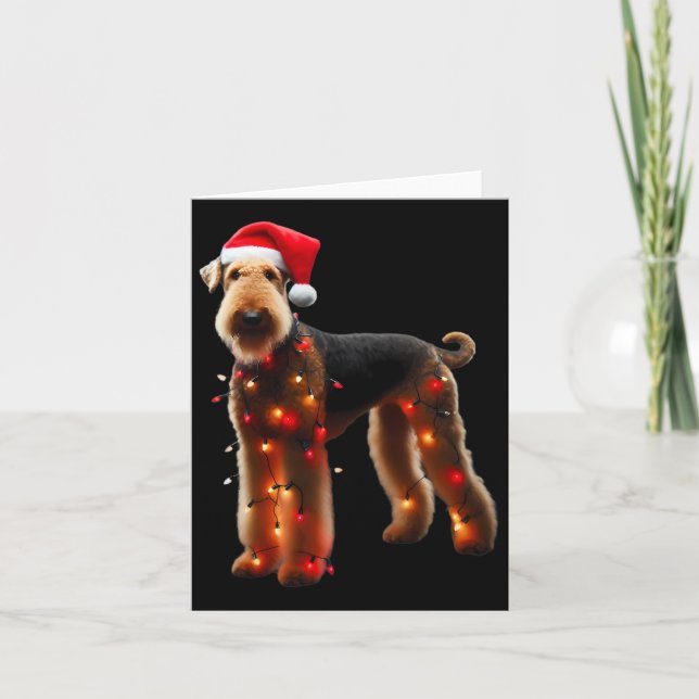 Carte Airedale Terrier Santa Hat Feux de Noël Chien Ow (Devant)