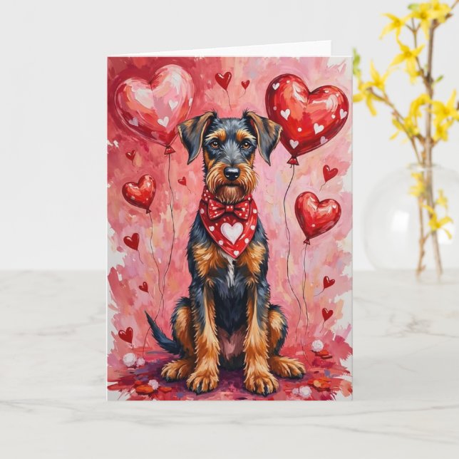 Carte Airedale Terrier Valentine’s Day Dog with Hearts (Fleur jaune)
