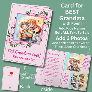 Carte Ajouter 3 photos, Meilleure grand-mère rose, Poème