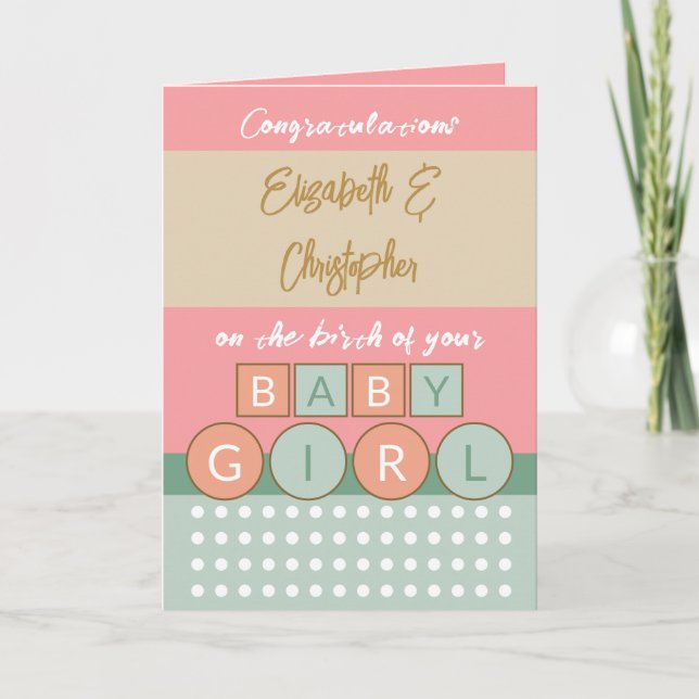 Carte Ajouter des noms corail vert nouveau bébé fille (Devant)