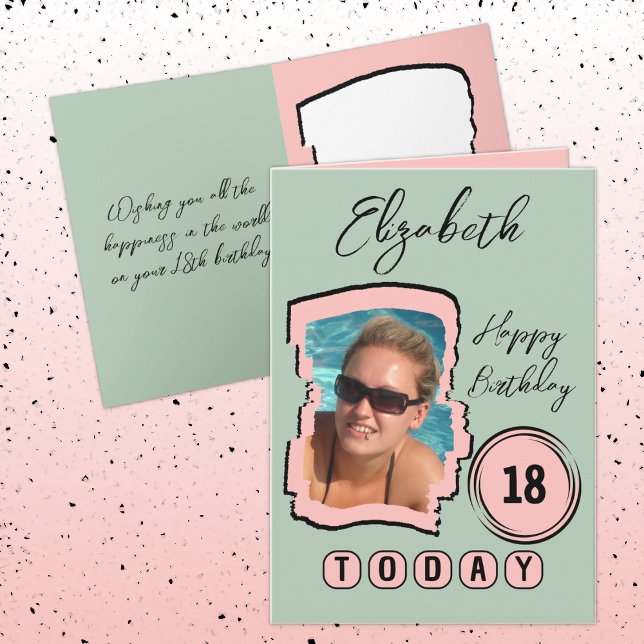 Carte Ajouter le nom photo rose vert 18e anniversaire (Créateur téléchargé)