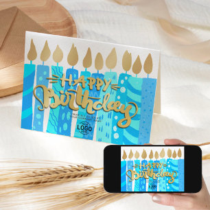 Carte Ajouter Logo Fun Blue Candles Business Joyeux anni
